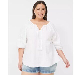 Lane Bryant White Seersucker Split-Neck Popover Blouse Size 26